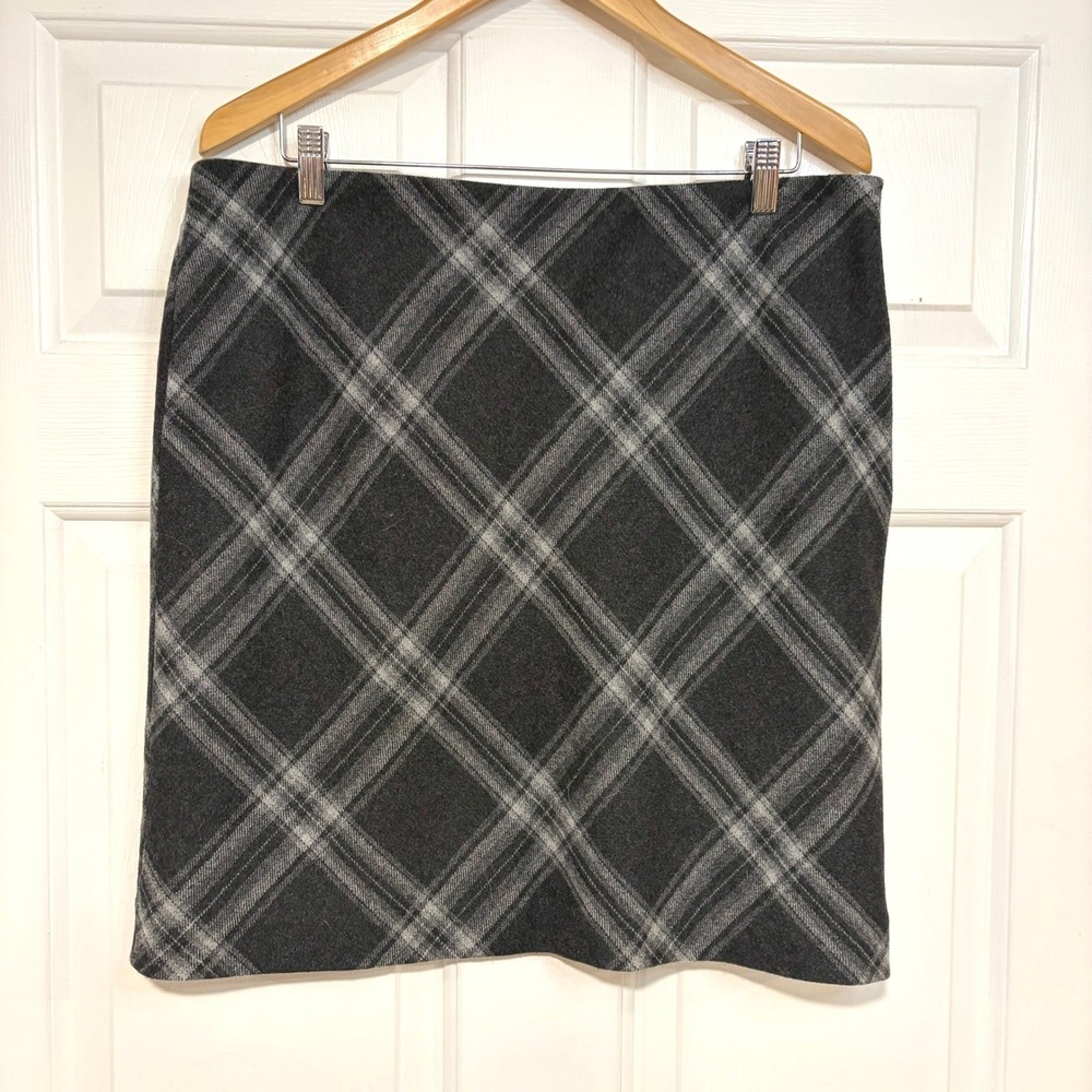 Eddie Bauer Wool Blend Plaid Short Pencil Mini Skirt Gray L Preppy Tartan Fall
